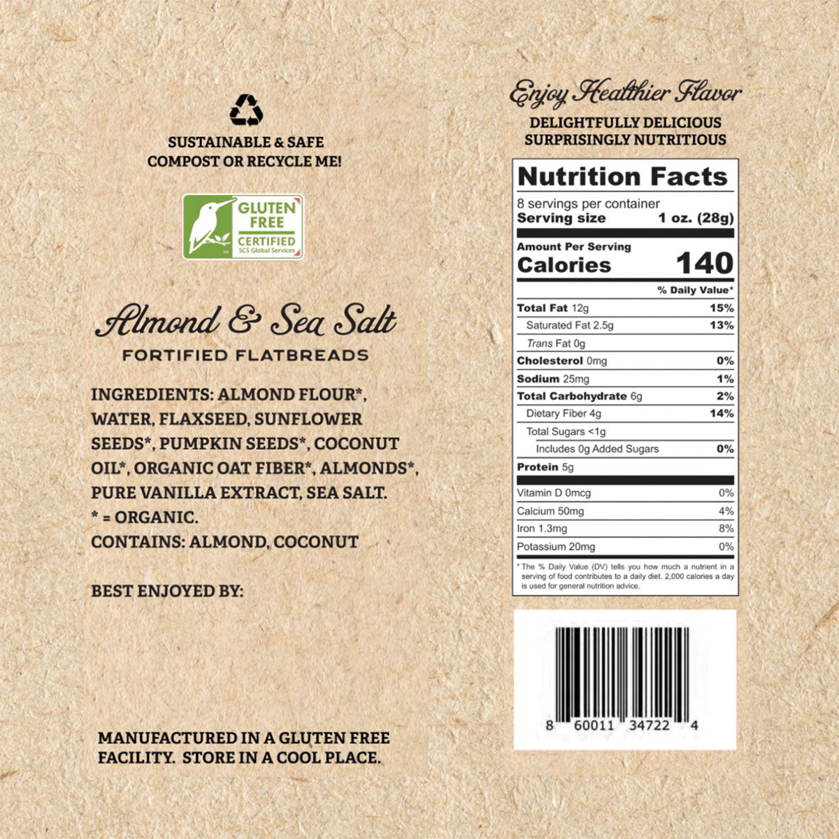 Graphic of the side of the Almond & Sea Salt fortified flatbread packaging ingredients and nutrition factsshop