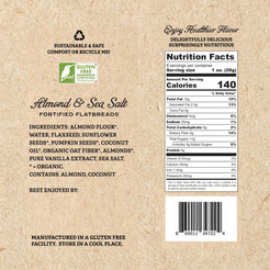 Graphic of the side of the Almond & Sea Salt fortified flatbread packaging ingredients and nutrition factsshop