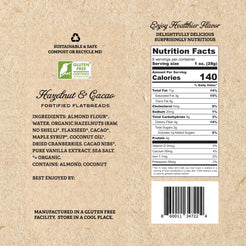 Graphic of the side of the Hazelnut & Cacao fortified flatbread packaging ingredients and nutrition factsshop