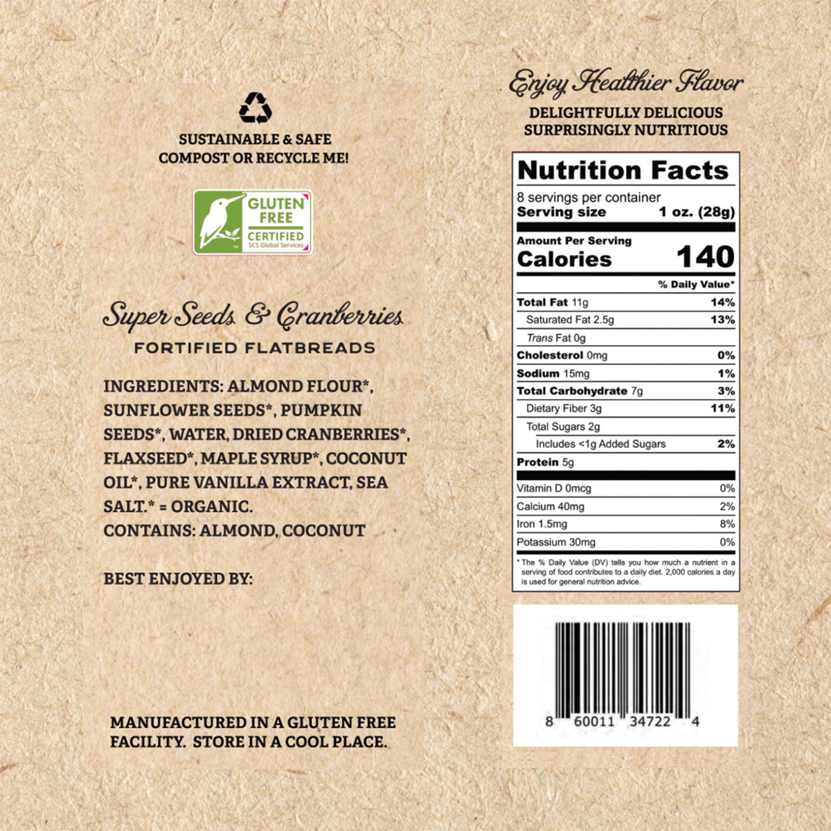 Graphic of the side of the Super Seed & Cranberries fortified flatbread packaging ingredients and nutrition factsshop