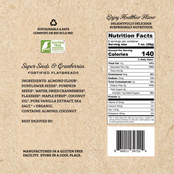 Graphic of the side of the Super Seed & Cranberries fortified flatbread packaging ingredients and nutrition factsshop