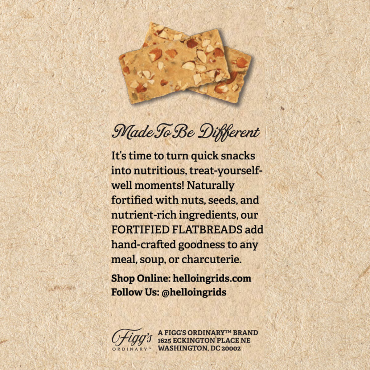 Graphic of the side of the Almond & Sea Salt fortified flatbread packaging sharing their history, and where to shop