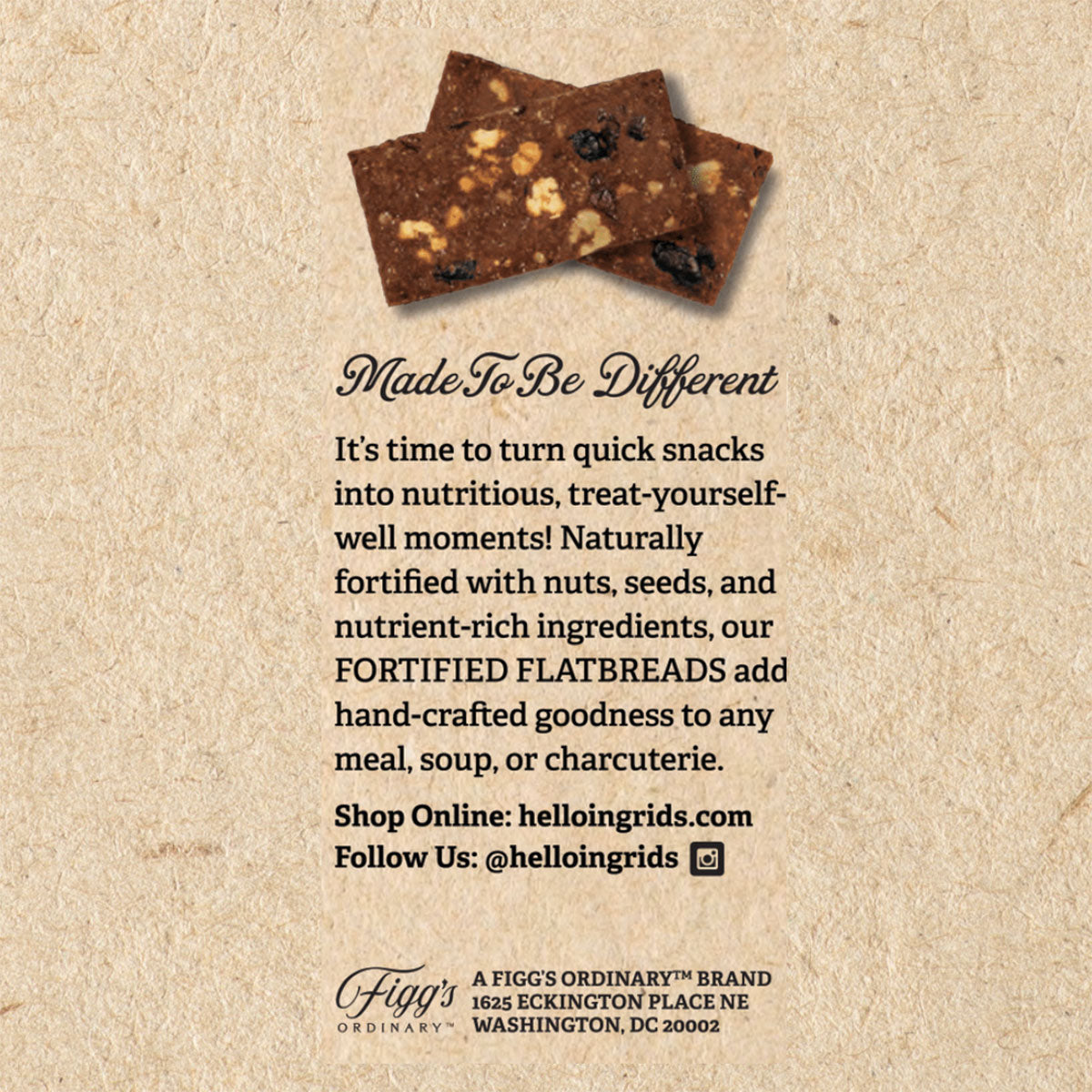 Graphic of the side of the Hazelnut & Cacao fortified flatbread packaging sharing their history, and where to shop