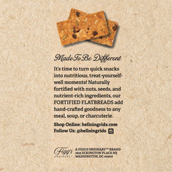 Graphic of the side of the Super Seed & Cranberries fortified flatbread packaging sharing their history, and where to shop