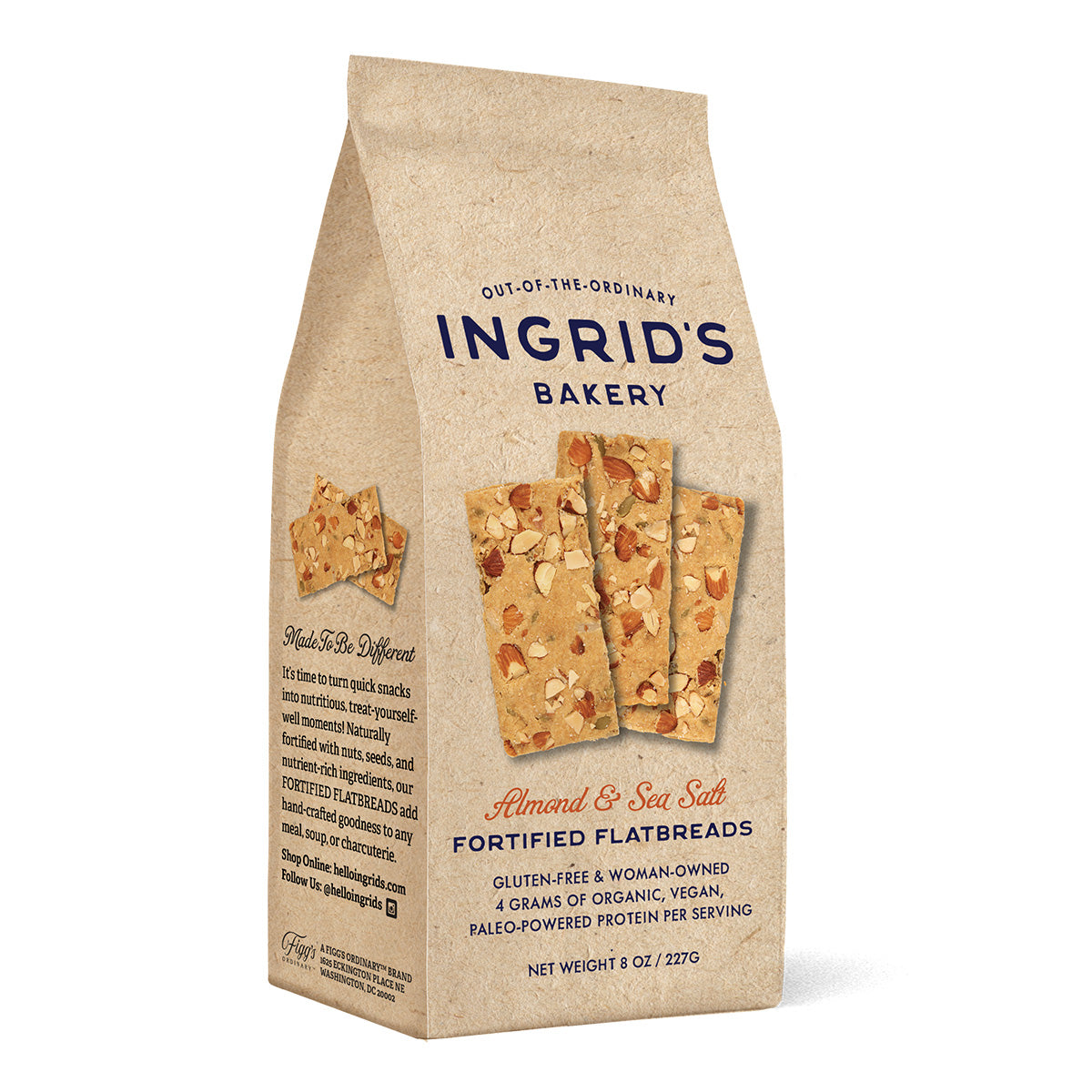 Graphic of the Almond & Sea Salt fortified flatbread packaging front