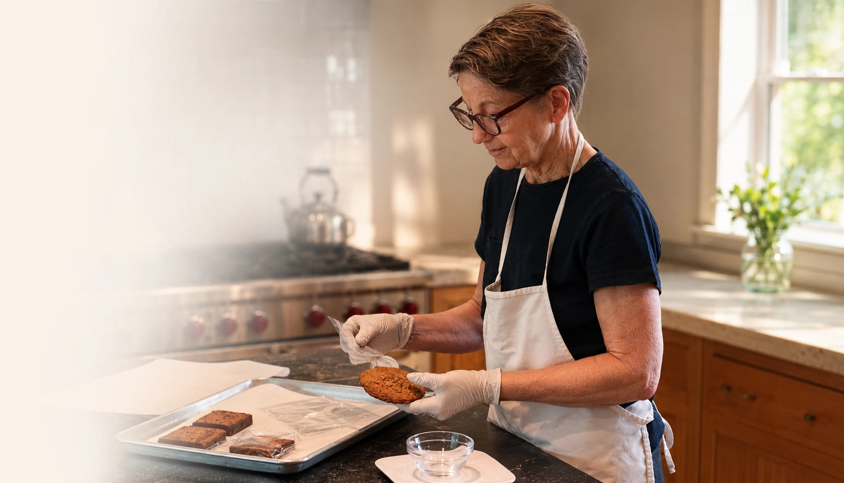 Ingrid preparing baked goods in a warm kitchen